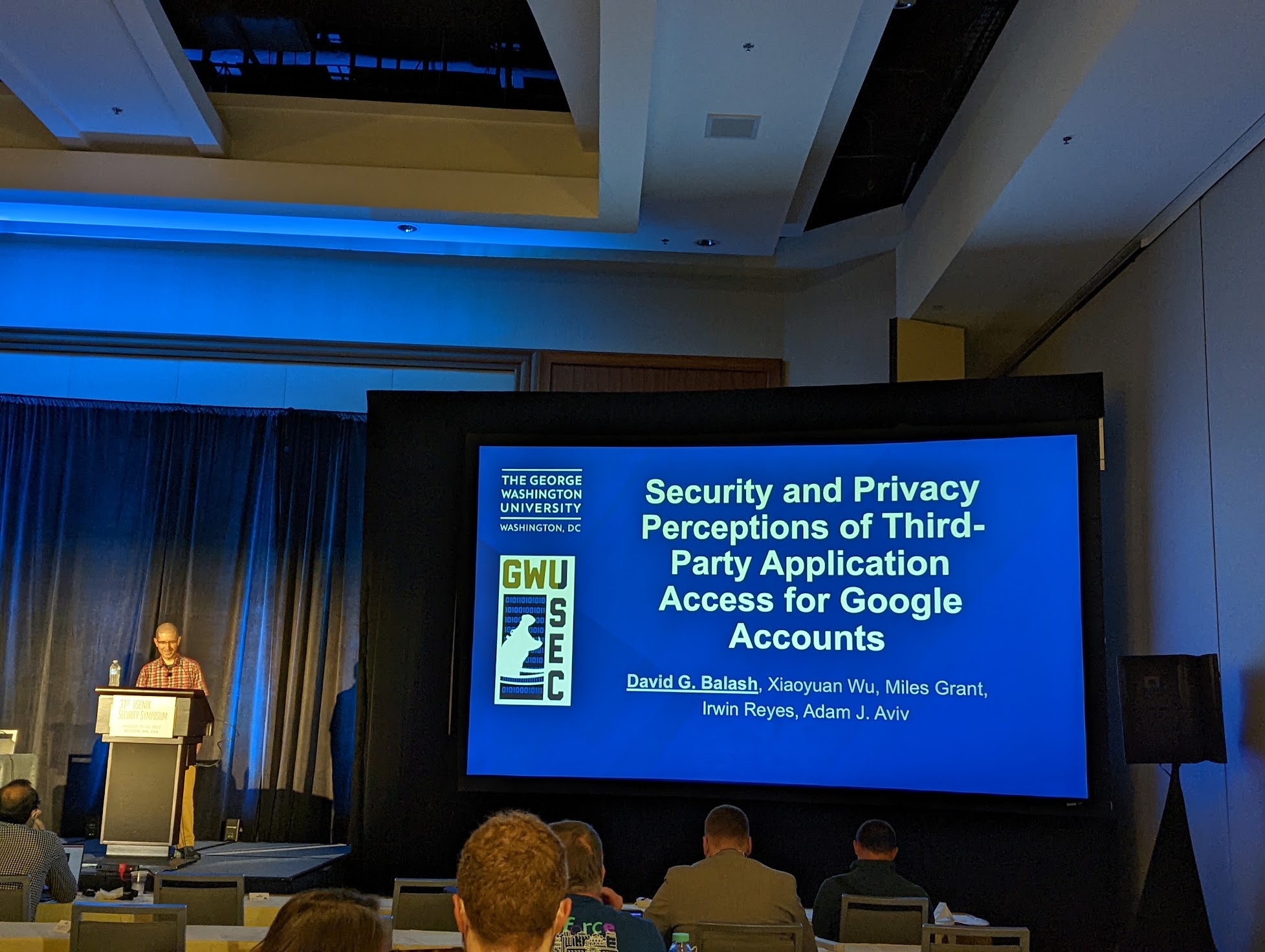 David Balash presenting at USENIX Security, August 2022